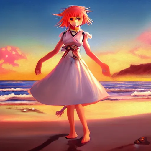 Prompt: Classical oil painting of Kirisame Marisa on the beach at sunset, beautiful anime artwork, official artwork, stylistic, Touhou character, brush strokes, oil, canvas