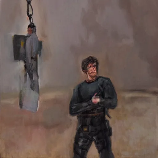 Prompt: todd howard about to be hanged for his crimes, oil painting, tragic, sorrowful.