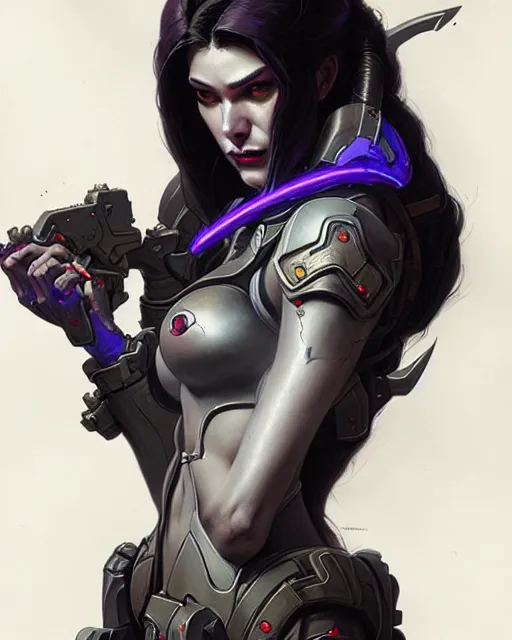 Image similar to widowmaker from overwatch, character portrait, concept art, intricate details, highly detailed by greg rutkowski, michael whelan and gustave dore
