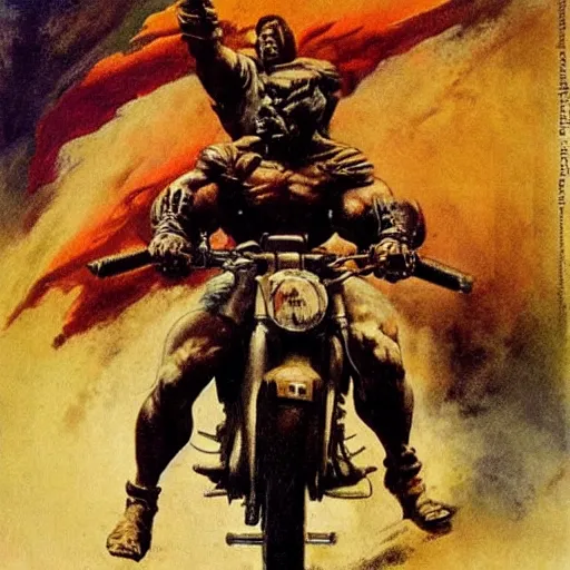 Image similar to into glory ride, artwork by Frank Frazetta, motorcycle, muscular man riding into battle holding sword