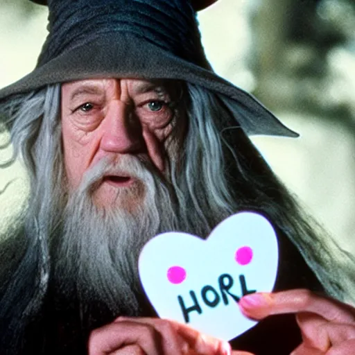 Image similar to portrait of gandalf, wearing a Hello Kitty costume, holding a blank playing card up to the camera, movie still from the lord of the rings