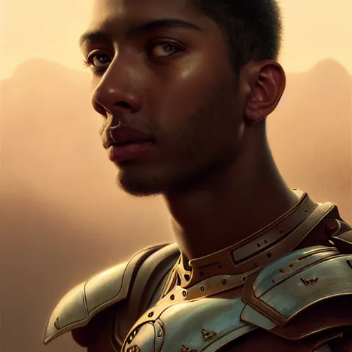 Image similar to portrait painting of a sun - kissed young melancholic man with a soft face and short blonde hair wearing armor, ultra realistic, concept art, intricate details, eerie, highly detailed, photorealistic, octane render, 8 k, unreal engine. art by artgerm and greg rutkowski and charlie bowater and magali villeneuve and alphonse mucha