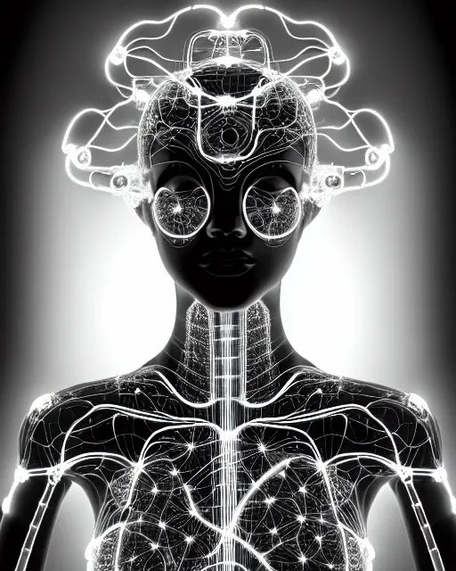 Image similar to black and white spiritual connected young female cyborg - plant goddess high quality photo, microchip, artificial intelligence, bio - mechanical bio - luminescence, black wired cables, neurons, nerve cells, cinematic, rim light, photo - realistic, elegant, high detail, 8 k, masterpiece, high fashion