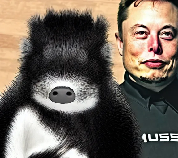 Image similar to elon musk dressed like a skunk, closeup detailed, tesla car, studio photo