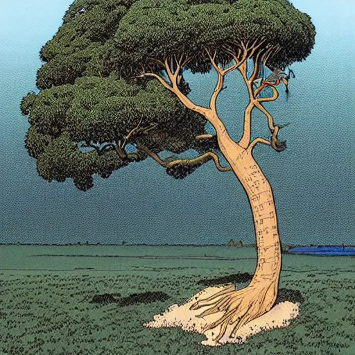 Image similar to a large tree growing from a quartz crystal floating in soace, by moebius