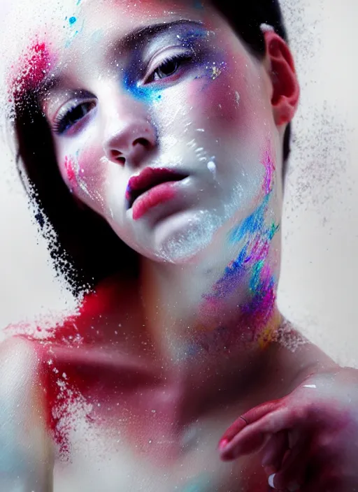 Prompt: beautiful young woman covered in white paint, in the style of irakli nadar, effervescent, warm, dark, watercolor, deep mood, hyperrealism, epic and cinematic,