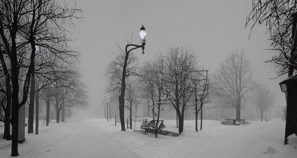 Image similar to image of a street in the winter, black and white photograph by andre kertesz