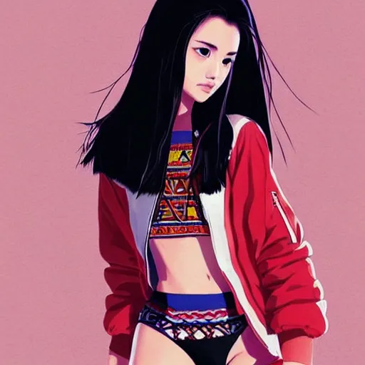 Image similar to a beautiful young japanese natalie portman alluring gravure model, stylized concept art, wearing elegant designer bomber jacket and one piece bikini, bomber jacket with mesoamerican patterns, mesoamerican native street fashion, princess mononoke, painted by ilya kuvshinov aesthetic, gorgeous, stunning, alluring, attractive, artstation, pinterest, digital art
