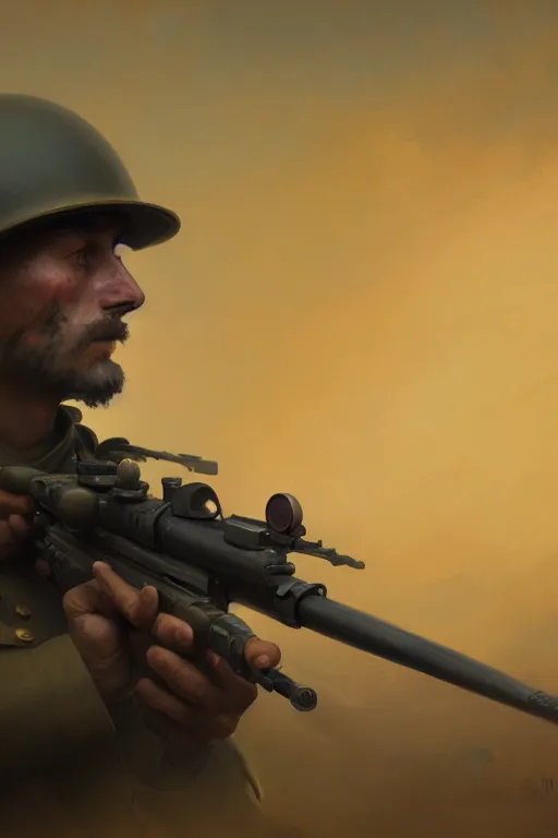 Image similar to portrait of a world war 1 soldier looking through sniper scope to the camera, extremely detailed digital painting, in the style of fenghua zhong and ruan jia and jeremy lipking and peter mohrbacher, mystical colors, rim light, beautiful lighting, 8 k, stunning scene, raytracing, octane, trending on artstation