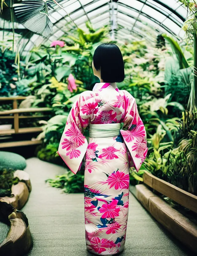 Prompt: photograph of a beautiful Japanese woman wearing a pretty kimono in a tropical greenhouse, by Annie Leibowiz, by Alessio Albi, extremely detailed, large format camera, Fuji Pro 400h, bokeh, blurred background, photorealistic, trending on instagram