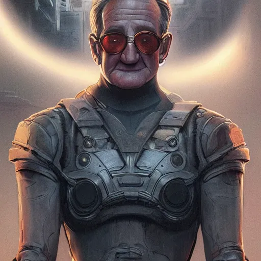 Image similar to Very very very very highly detailed epic photo of Robin Williams, intricate, dystopian, sci-fi, extremely detailed, digital painting, artstation, concept art, smooth, sharp focus, illustration, intimidating lighting, incredible art by Artgerm and Vincent di Fate