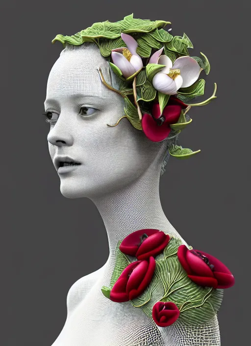 Image similar to complex 3d render ultra detailed of a beautiful porcelain profile woman face, mechanical vegetal cyborg, 150 mm, beautiful natural soft light, rim light, Alexander Mcqueen haute couture, silver gold details, surreal portrait, magnolia big leaves and stems, roots, fine foliage lace, mesh wire, intricate details, hyperrealistic, mandelbrot fractal, anatomical, red lips, silver metal armor, facial muscles, cable wires, microchip, elegant, white background, octane render, H.R. Giger style, 8k