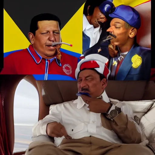 Prompt: hugo chavez smoking with snoop dog in a party inside a private jet, realistic render, award winning photography, very coherent, many details, venezuelan flag, detailed faces