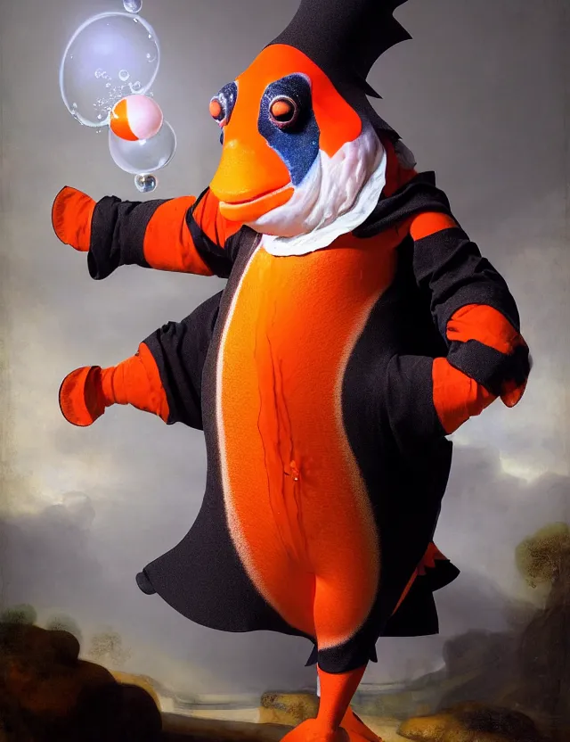Prompt: an anthropomorphic bipedal clownfish that is dressed in medieval robes, as a matte oil painting, d & d character art, by rembrandt, standing, fullbody, magic, aura, bubbles, award - winning, extremely detailed, sharp focus