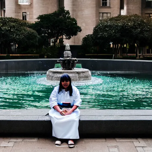 Image similar to a woman in maid uniform is sitting on a edge of a fountain in park, 8k, photo taken with Sony a7R camera