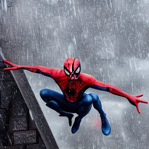 Image similar to spider - man perched next to batman on top of a building with rain pouring down