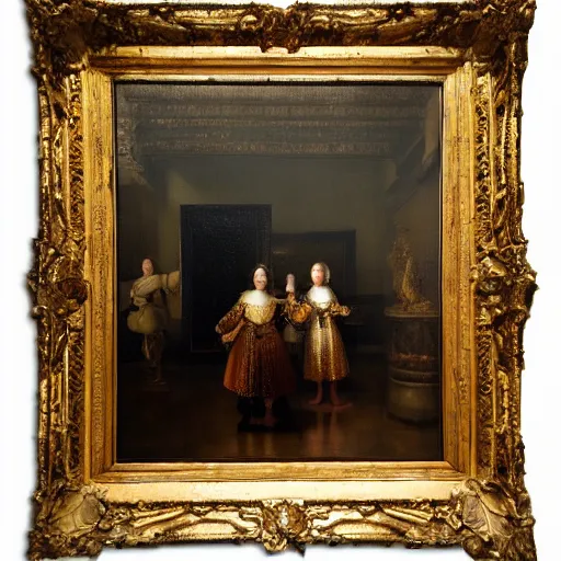 Prompt: fine art oil on canvas painting. two women in a vast castle lobby wearing fine clothes. dark room with light coming through the right side of the place. by rembrandt harmenszoon van rijn.