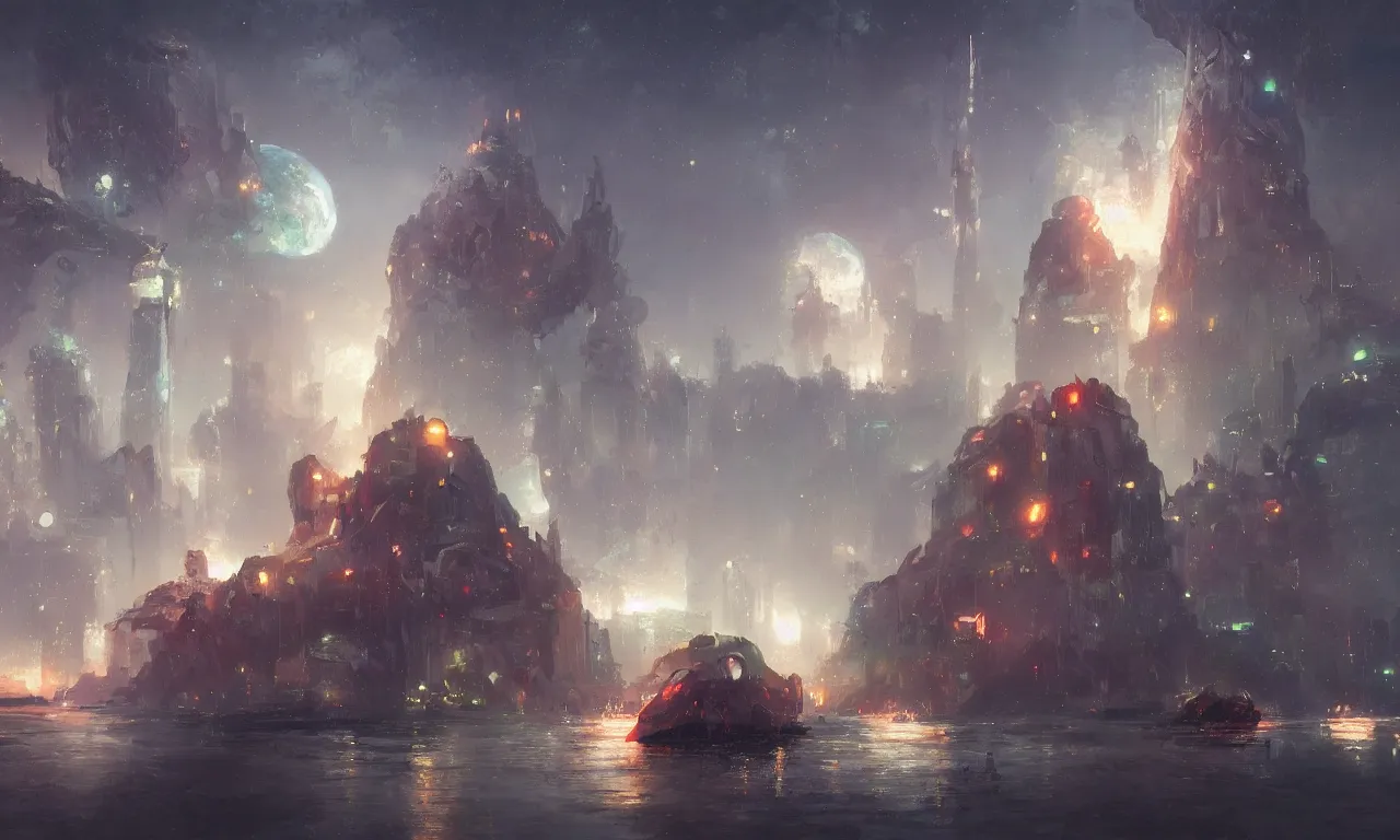 Prompt: a light oil painting of a city built on a floating giant rock in deep space, elegant, realistic, digital painting, concept art, smooth, sharp focus, illustration, by ruan jia and mandy jurgens and artgerm and william - adolphe bouguerea