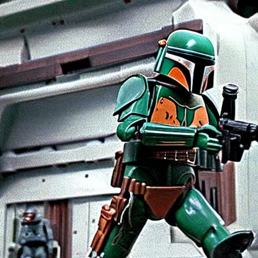 Prompt: boba fett in a scifi western saloon, movie still from star wars the empire strikes back, lego