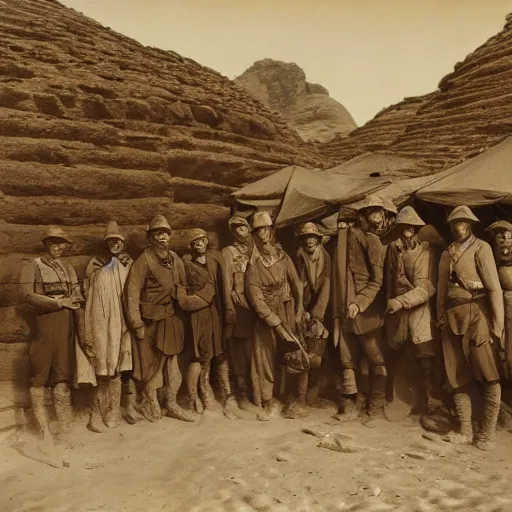 Prompt: ultra detailed photorealistic sepia - toned photo from 1 9 1 7, a small group of british soldiers standing with bedouin traders in traditional arab garb, at an archaeological dig site in wadi rum, ultra realistic, painted, intricate details, lovecraft, atmospheric, dark, horror, brooding, highly detailed, by clyde caldwell