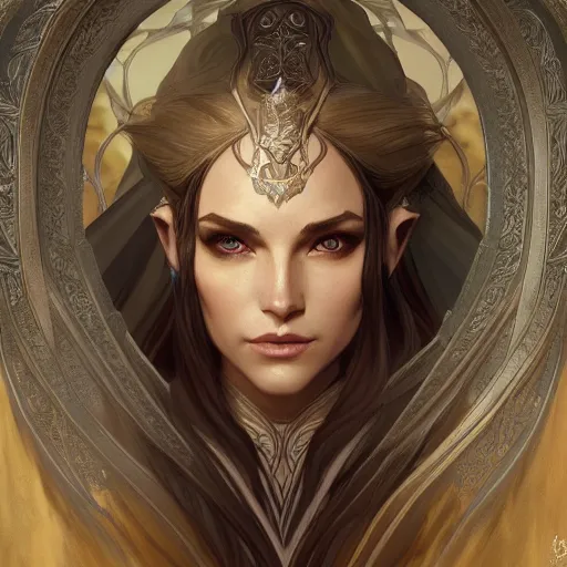 Image similar to full portrait of an elder elegant high elf , D&D, fantasy, intricate, cinematic lighting, highly detailed, digital painting, artstation, concept art, smooth, sharp focus, illustration, art by Terry Moore and Greg Rutkowski and Alphonse Mucha