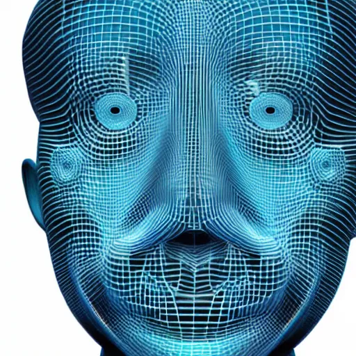 Image similar to three dimensional face of a robot inspired by data - driven art, generative, particle waves, spirals