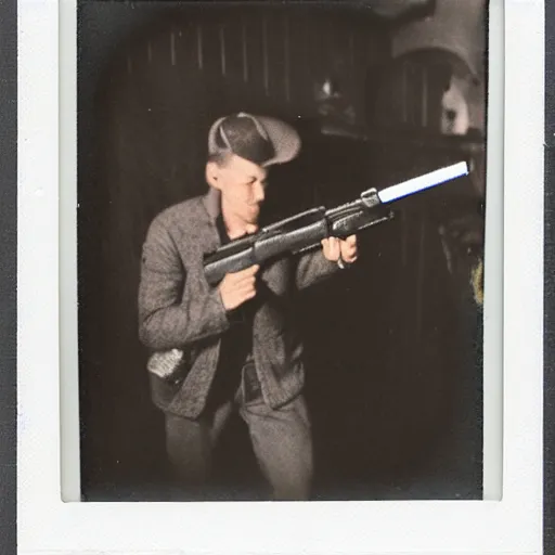 Image similar to a Polaroid photo of an among us character with a gun