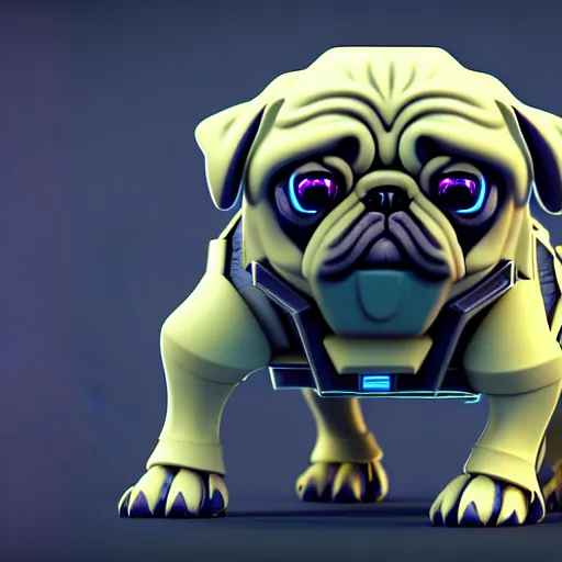 Image similar to isometric 3 d fantasy cute pug mecha, smoth 3 d illustration, cinematic matte painting, soft render, servando lupini, handpaint texture, blender, 3 dcoat