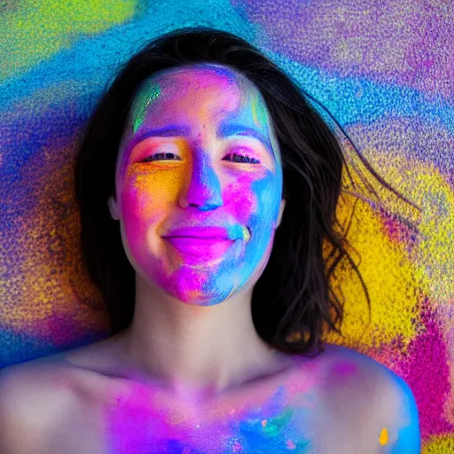 Image similar to a fullbody potrait photo of a female smiling, painted her body with ultraviolet paint, 5 0 mm lens, f 1. 4, sharp focus, ethereal, emotionally evoking, head in focus, volumetric lighting, 8 k