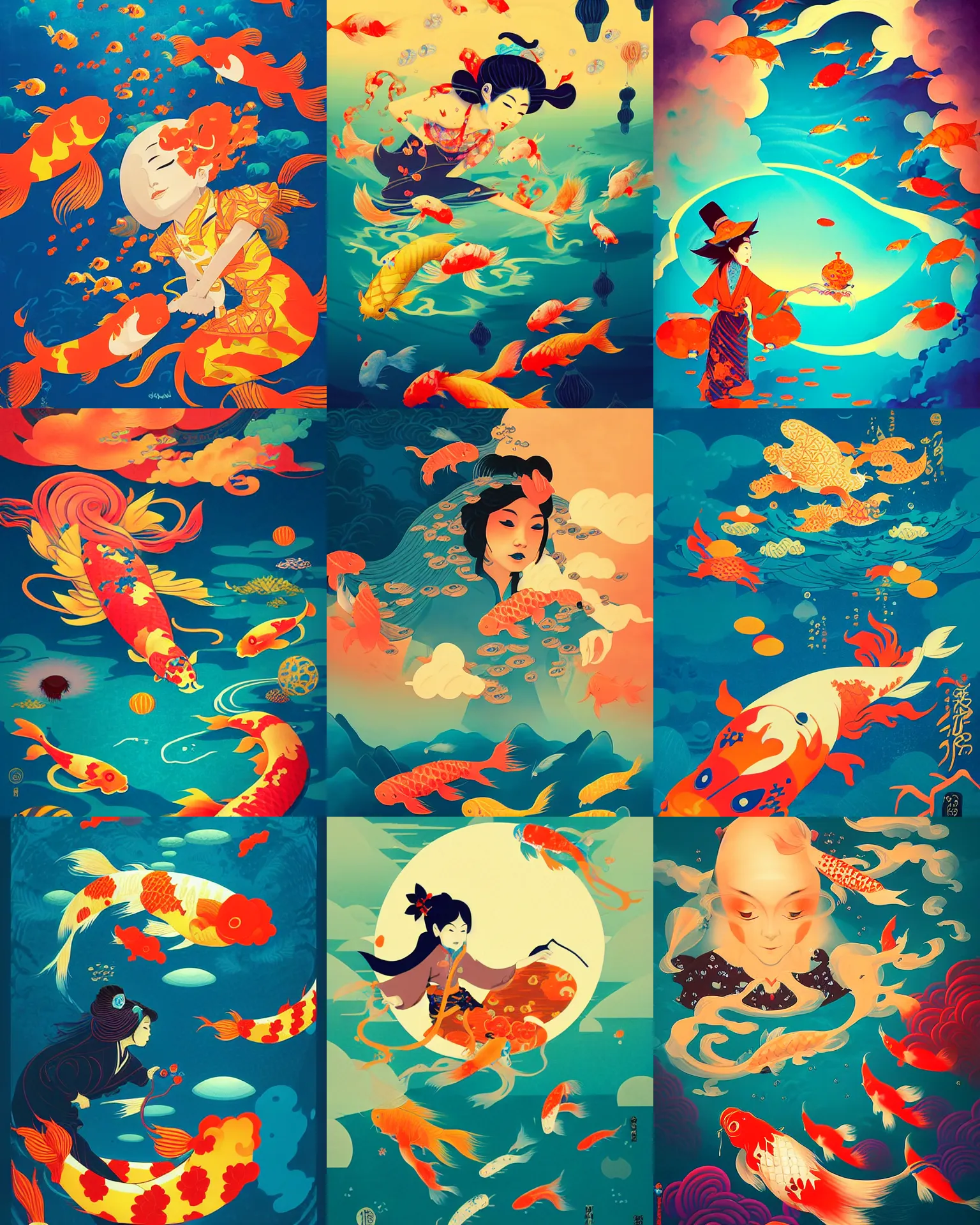 Prompt: japanese witch with floating koi fish, by petros afshar, ross tran, peter mohrbacher, tom whalen, underwater psychedelic clouds and drapery