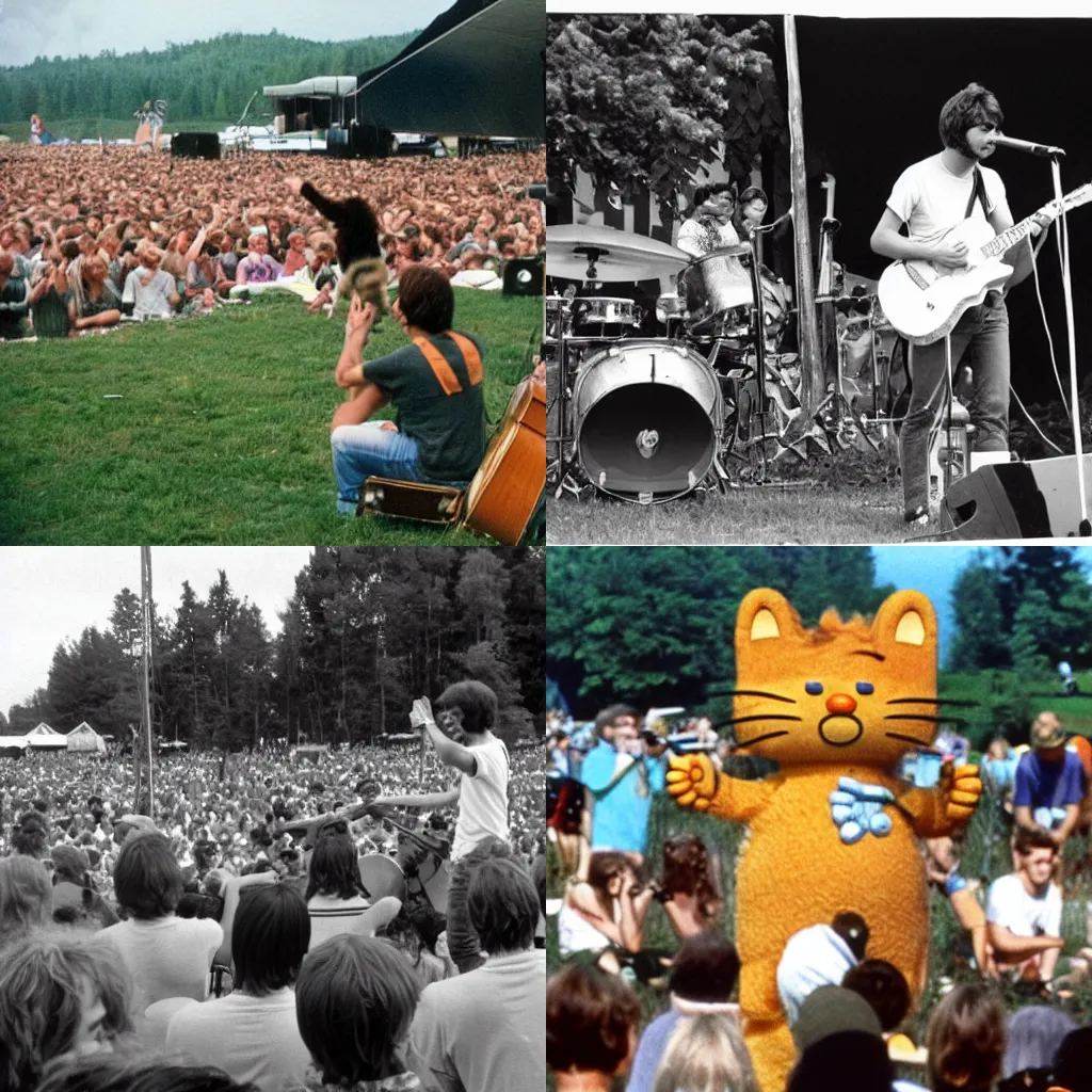 Prompt: Garfield performing at woodstock