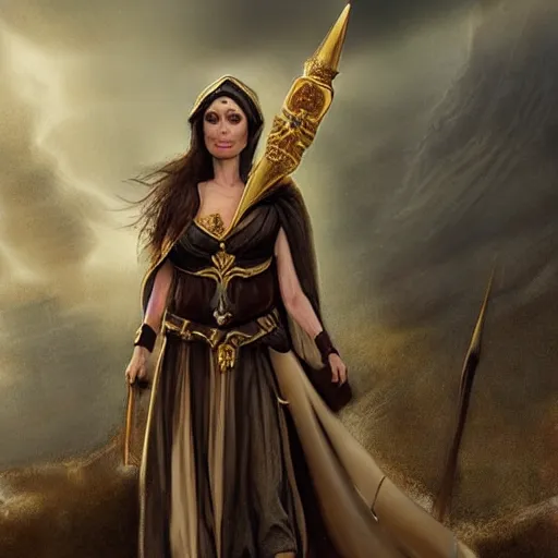 Prompt: Angelina Jolie as ancient greek woman in golden helmet, giant grey-haired bearded Liam Neeson face in the sky, epic fantasy style art, fantasy epic digital art