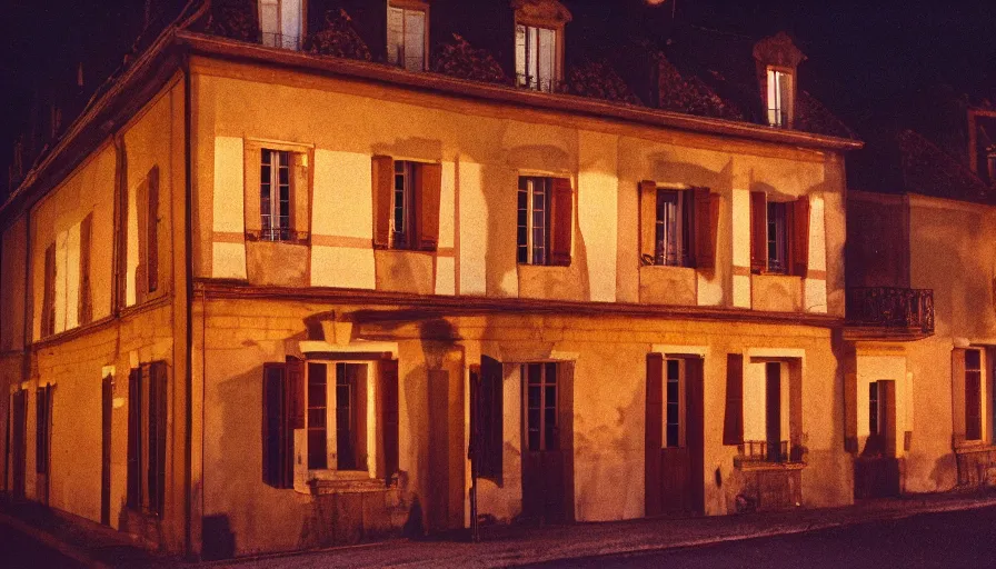 Image similar to 1 9 7 0 s movie still of a heavy burning french style townhouse in a small french village by night, cinestill 8 0 0 t 3 5 mm, heavy grain, high quality, high detail, dramatic light, anamorphic, flares