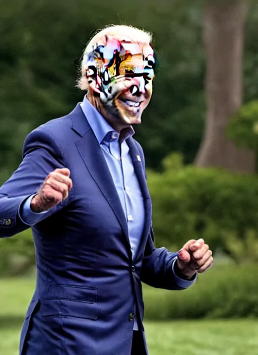 Image similar to joe biden is running terrified from a monster from predator that is chasing him on the white house lawn during a storm