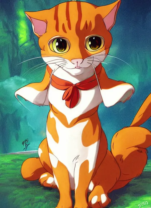 Image similar to official digital painting artwork of a cat character by don bluth, ross tran and studio ghibli.