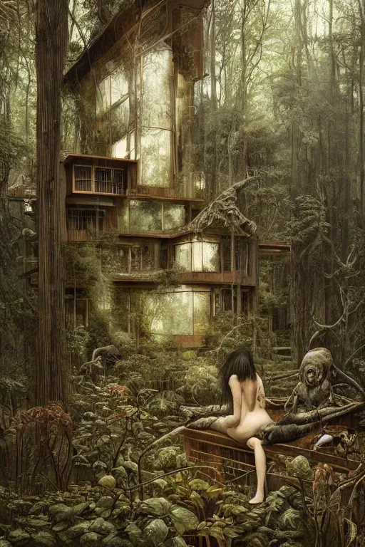 Image similar to a house in the forest by h. r giger, intricate, miles johnston, kuroda seiki, cynical realism, ozabu, john william godward, painterly, yoshitaka amano, moebius, miles johnston, louise zhang, james jean, mark ryden