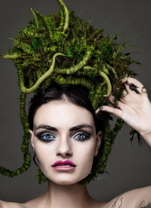 Prompt: a photo of a female model, organic headpiece, fern, vines, horn, moss, fashion photography, realistic, hyperdetails, dark grey backdrop studio, body paint