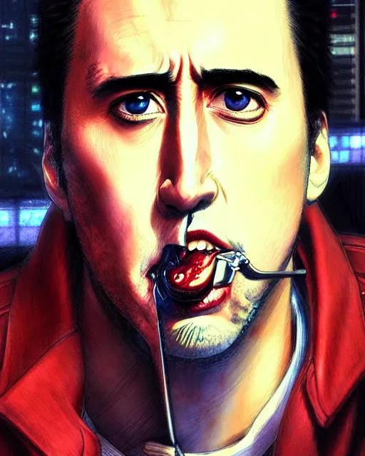 Image similar to portrait Anime Nicholas cage eating burger smoking Sharp fine face, pretty face, realistic shaded Perfect face, fine details. Anime. cyberpunk realistic shaded lighting by katsuhiro otomo ghost-in-the-shell, magali villeneuve, artgerm, rutkowski Jeremy Lipkin and Giuseppe Dangelico Pino and Michael Garmash and Rob Rey