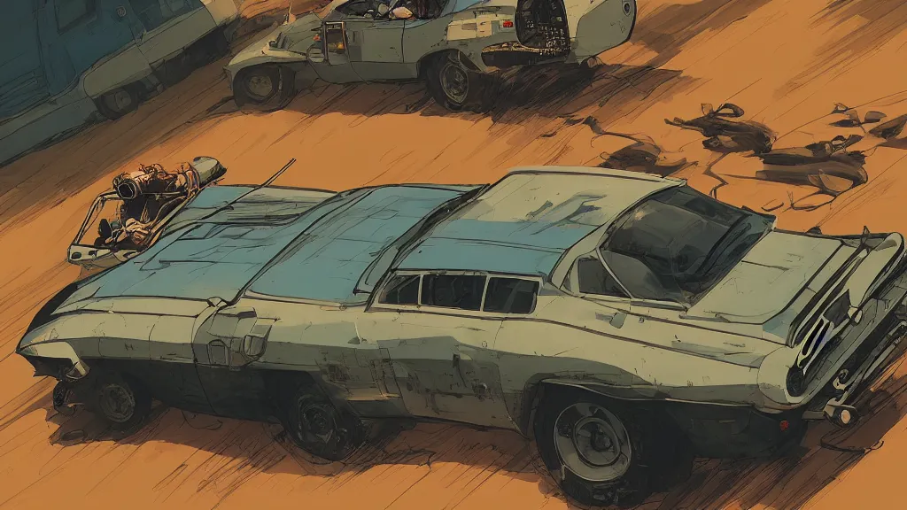 Prompt: digital illustration of mad max's fj 4 0 pursuit special, the last v 8 interceptor driving down a deserted cyberpunk highway in the middle of the day by studio ghibli, anime style, by makoto shinkai, ilya kuvshinov, lois van baarle, rossdraws, basquiat