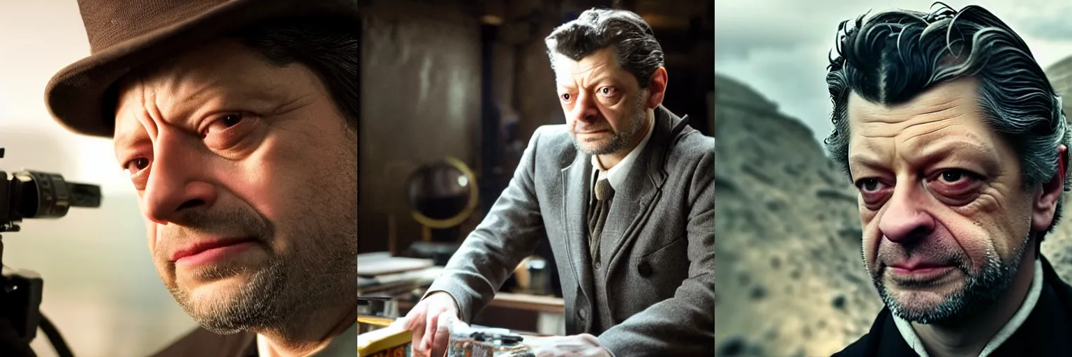 Prompt: close-up of Andy Serkis as a detective in a movie directed by Christopher Nolan, movie still frame, promotional image, imax 70 mm footage