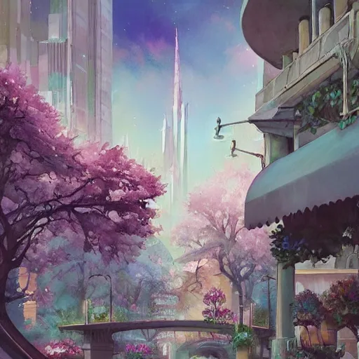 Image similar to a painting of an art - deco cityscape surrounded by flowers, a watercolor and matte painting by magali villenueve and mandy jurgens and charlie bowater, cgsociety, artdeco, utopia art, sci - fi, artstation hq