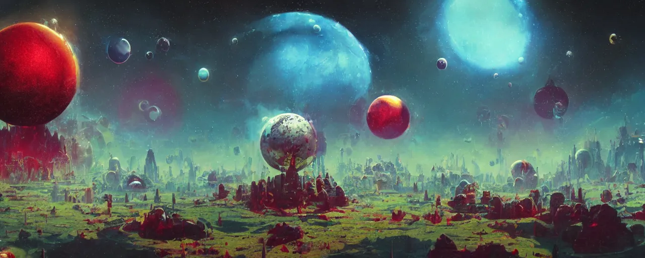 Prompt: ” planet and moons made of blood and rats, [ bubbles, by paul lehr, cinematic, detailed, epic, widescreen, opening, establishing, mattepainting, photorealistic, realistic textures, octane render ] ”