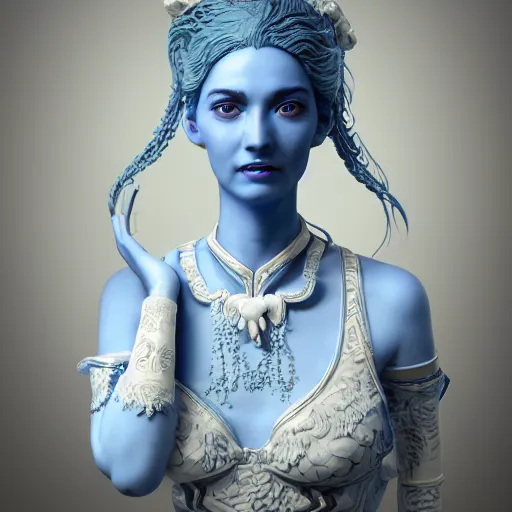 Prompt: 3 d render, hyper detailed, realistic female face and shoulders as a painted porcelain statue, with ornate blue willow pattern, white hair, fine facial features, white eyes and eyelashes, 8 k, 1 5 0 ml lens, elegant, white background pastel blue lighting, octane render, volumetric lighting, by carlos ortega elizalde