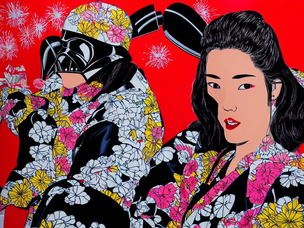 Image similar to hyperrealism composition of the detailed woman in a japanese kimono sitting at an extremely detailed poker table with darth vader, fireworks on the background, pop - art style, jacky tsai style, andy warhol style, acrylic on canvas