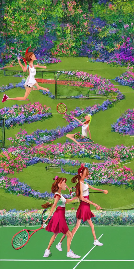 Image similar to Two elves playing tennis on a tennis court made of flowers, digital art