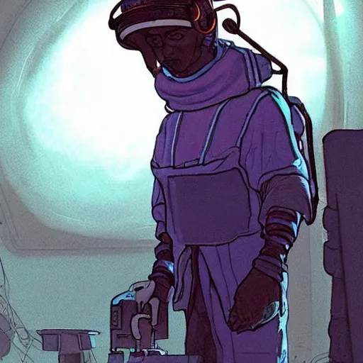 Image similar to Hosea the Beggar priest with cyberpunk headset in busy spaceport on luna 5 colony. Gritty Concept art by James Gurney and Mœbius.