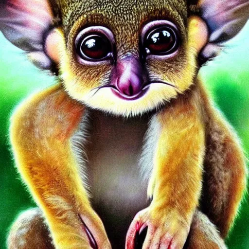 Prompt: cute animal mix of a tarsier, koala and bunny, painting, realistic, high definition