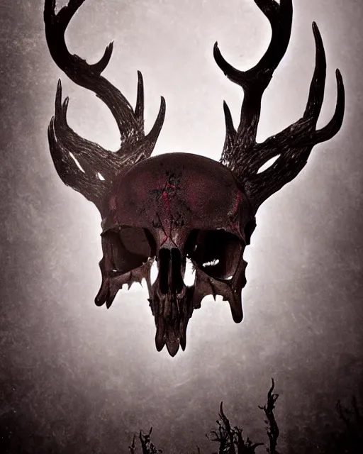 Image similar to deer - skull ghost - spirit of the grim - warpaint wears the scarlet skull armor and native blood headdress antlers, midnight fog - mist!, dark oil painting colors, realism, cinematic lighting, various refining methods, micro macro autofocus, ultra definition, award winning photo, photograph by ghostwave - gammell - giger - shadowlord