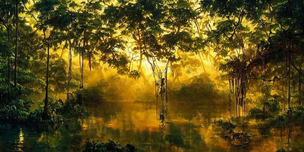 Prompt: A lake in the middle of a rainforest, vines hanging over the water, golden hour, vibrant, sunbeams, stunning lighting, art by James Gurney