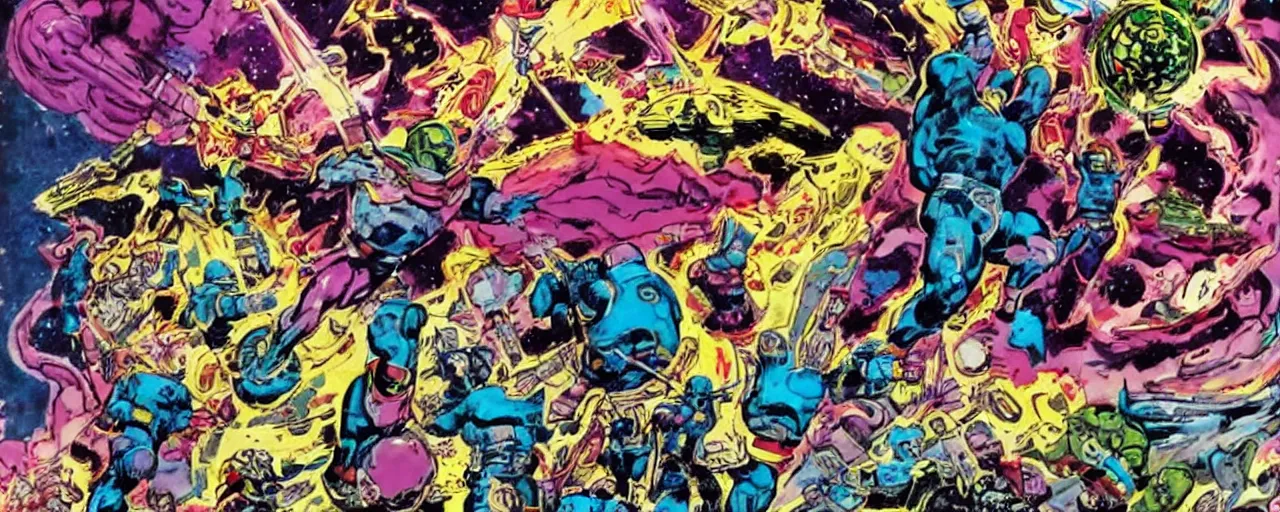 Prompt: jack kirby cosmic eternals epic scale, strong lines.